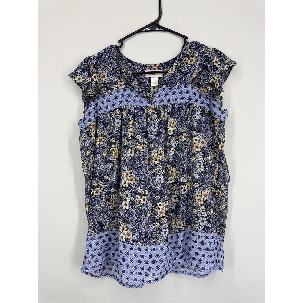 LOFT Flutter Sleeve Blouse Top Womens XS Floral Ruffle Boho Office Peasant Boho